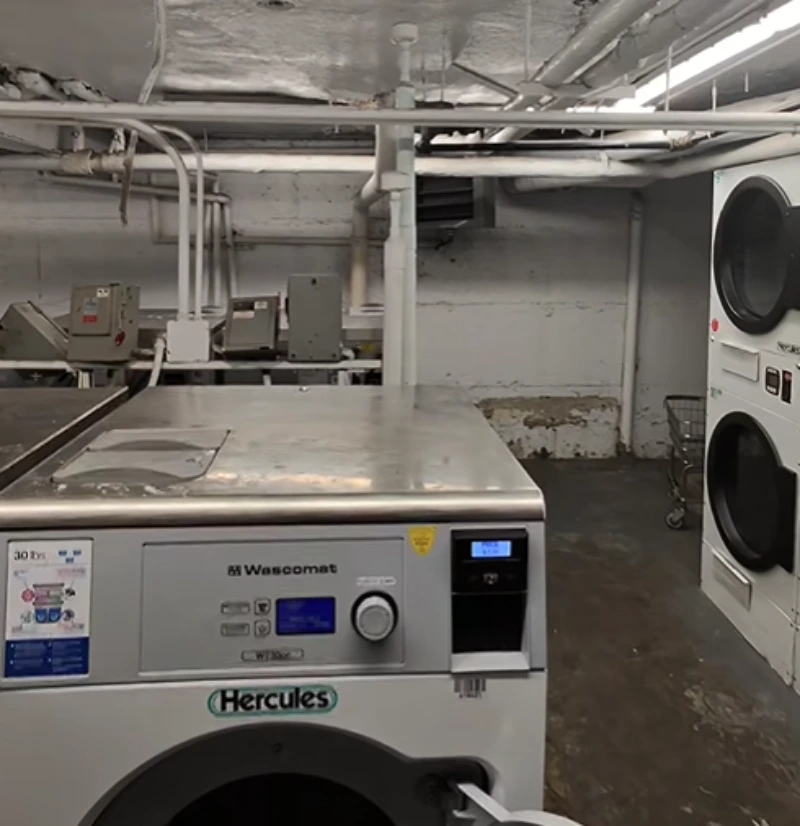 Rows of coin-operated commercial washing machines in a laundromat