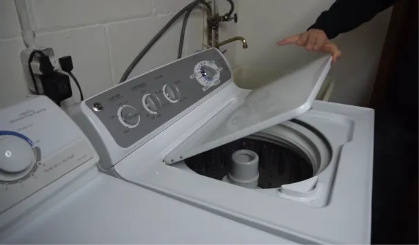 Close-up view inside a commercial washing machine drum